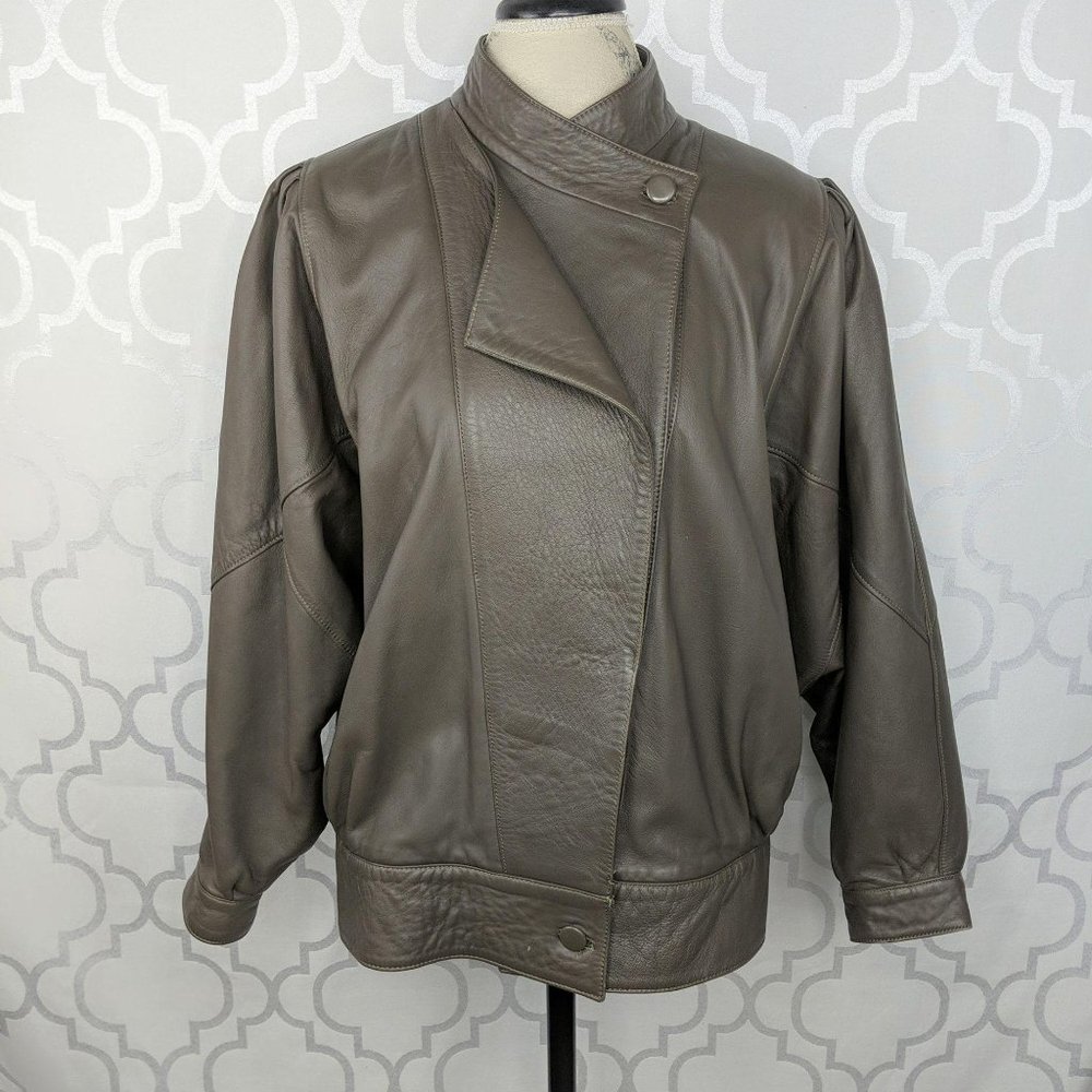 Vintage Army Green Brown Leather Bomber Jacket